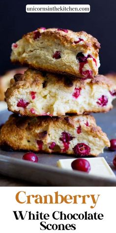 three cranberry white chocolate scones stacked on top of each other with text overlay