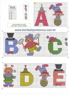 cross stitch alphabets with pictures of clowns, letters and numbers to match them