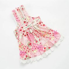 Strawberry Patchwork Dog Dress in pink Cute Summer Dress With Lace Patchwork, Cute Sleeveless Dresses With Lace Patchwork, Sweet Gingham Dress With Ruffles, Cute Doll Collar Dress With Patchwork, Playful Doll Collar Summer Dress, Playful Summer Dress With Doll Collar, Sweet Cotton Dress With Doll Collar, Cute Cotton Dress With Lace Trim, Playful Summer Dress With Lace Trim