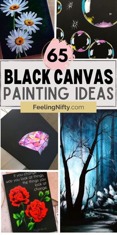 black canvas paintings with red roses and white daisies on them are featured in this collage