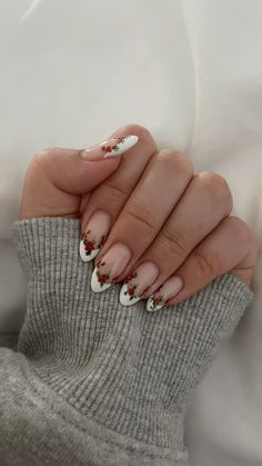 Christmas holly berry and leaves almond french tip nails Holly Berry French Nails, Christmas Nails Inspo Almond, Christmas Nails French Tip Mistletoe, Almond French Tip Christmas Nails, Christmas Berry Nails, One Color Christmas Nails, Cute Winter Nails Almond, Holly French Tip Nails, Dark Red Xmas Nails