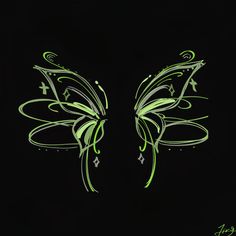 an artistic drawing of a butterfly on a black background with green and white swirls