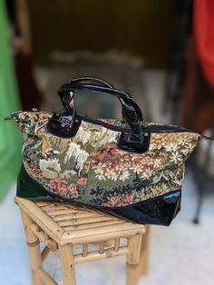 "This is tapestry handbag vintage Straps and base is by patent leather and the body is by fabric. The bag has some small signs of use....in vintage condition but zipper working and in general condition is good. Measures: W: 18.50\" (47 cm) x 10.62\" (27 cm tall) Strap: 13.77\" (35 cm) Thanks for stopping by!!" Vintage Tapestry Bags With Leather Handles, Vintage Tapestry Shoulder Bag For Travel, Vintage Tapestry Bag For Everyday, Vintage Tapestry Travel Bag, Vintage Tapestry Shoulder Bag With Leather Handles, Vintage Tapestry Bag With Detachable Handle, Vintage Brown Tapestry Satchel, Retro Rectangular Tapestry Bags, Vintage Tapestry Tote Bag