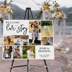 a welcome sign for a wedding with photos on it