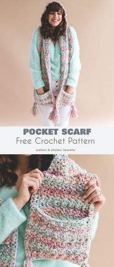 a woman wearing a crochet scarf with text that reads pocket scarf free crochet pattern