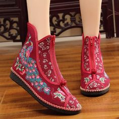 Flat-bottomed Spring and Summer Single-boot Ethnic Embroidered Shoes Casual Boots With Floral Embroidery And Round Toe, Traditional Embroidered Boots For Spring, Embroidered Closed Toe Winter Boots, Traditional Winter Boots, Bohemian Embroidered Boots With Round Toe, Bohemian Embroidered Round Toe Boots, Traditional Boots With Floral Embroidery And Round Toe, Black Peacock, Spring Flats