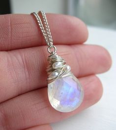 Necklace Bridal Wedding Moonstone Pendant by SarahHickeyJewellery White Pendant Jewelry With Stones, White Stone Pendant Jewelry, White Wire Wrapped Drop Jewelry, White Moon-shaped Wedding Necklace, Faceted Moonstone Pendant, Handmade White Moon-shaped Necklace, Handmade White Moon Shaped Necklace, White Moonstone Pendant Crystal Necklace, White Moon-shaped Necklace With Natural Stones