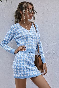 Houndstooth Button Front Sweater and Skirt Set – La Boutique Dacula Skirt Set Two Piece, Celebrity Prints, Plaid Cardigan, Houndstooth Skirt, Knitted Suit, Elastic Waist Skirt, Plaid Tops, Knit Outfit, Knit Set