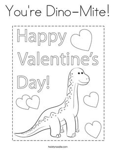 valentine's day card with a dinosaur and hearts in the background that says, you're dino - mite happy valentine's day