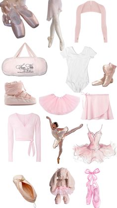 various ballet clothes and shoes are arranged on a white background