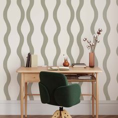 Office featuring Modern Wavy Lines Wallpaper in Sage Green by artist Brenda Bird for Ayara Wavy Lines Wallpaper, Abstract Shapes Wallpaper, Shapes Wallpaper, Modern Mural, Decorative Stand, Stylish Wallpaper, Lines Wallpaper, Wavy Lines, Wallpaper Calculator