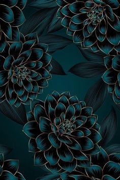 a black and gold flower pattern on a dark blue background with green leaves in the center