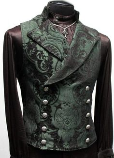 Shrine of Hollywood CAVALIER VEST - GREEN/BLACK TAPESTRY Fitted Green Vest Outerwear, Fitted Green Vest For Fall, Victorian Tapestry, Steampunk Mode, Moda Steampunk, Steampunk Gadgets, Black Tapestry, Goth Steampunk, Gothic Vampire