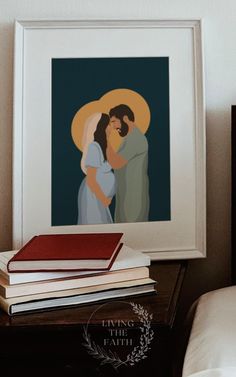 a painting of a man and woman embracing in front of a cross on a table