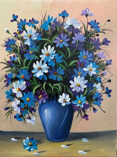 a painting of blue and white flowers in a blue vase