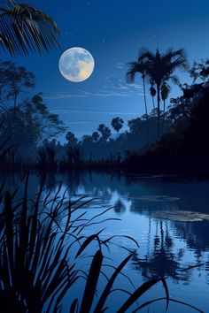 the full moon is reflected in the still water at night with palm trees and blue sky