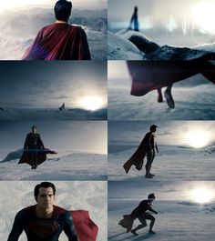 several images of superman in the snow with his cape open and hands on his hips