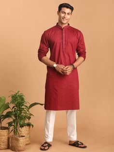 vastramay mens maroon cotton blend solid kurta with white pant set 2 Classic Fitted Cotton Kurta, Classic Cotton Festive Sets, Classic Cotton Sets For Festive Occasions, Classic Festive Cotton Sets, Classic Cotton Kurta For Semi-formal Occasions, Cotton Semi-formal Festive Sets, Festive Cotton Semi-formal Sets, Festive Semi-formal Cotton Sets, White Kurta Men