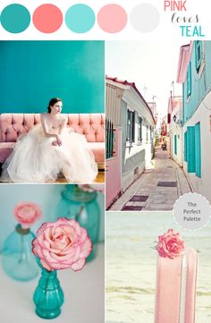 pink and teal collage with flowers in vases