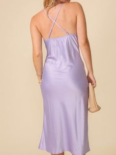 FINAL SALE. NO RETURNS OR EXCHANGES. Keep your summer wardrobe fun with this lilac satin midi dress. Fabric: 96% Polyester, 4% Spandex Purple Satin V-neck Slip Dress, Purple Satin Sleeveless Maxi Dress, Sleeveless Purple Satin Maxi Dress, Lavender Maxi Dress For Summer Evening, Purple Fitted Satin Dress For Summer, Fitted Purple Satin Summer Dress, Fitted Purple Satin Dress For Summer, Summer Lavender Fitted Maxi Dress, Purple Satin Maxi Dress For Night Out