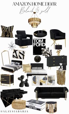 black and gold living room decor with text overlay