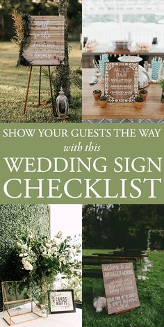 the wedding sign checklist is displayed in four different pictures