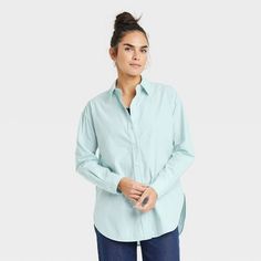 Women's Oversized Long Sleeve Collared Button-Down Shirt - Universal Thread™ Trendy Long Sleeve Shirt For Daywear, Oversized Long Sleeve Shirt For Office, Oversized Long Sleeve Flannel Shirt, Oversized Long Sleeve Shirt For Everyday, Fitted Tunic, Oversized Long Sleeve, Long Sleeve Flannel, Slim Fit Shorts, Hem Style