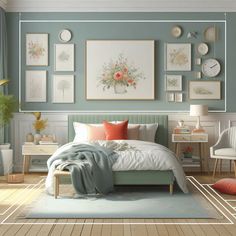 a bedroom decorated in pastel colors with pictures on the wall above the bed and floor