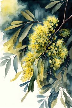 a painting of yellow flowers and green leaves