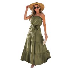 This Olive Green Belted Tube Maxi Dress for Women offers a stylish strapless, long beach holiday look. The A-line silhouette is perfect for the summer season. SPECIFICATIONS Waistline: Loose Waist Type: Regular Style: Casual Sleeve Style: Strapless Sleeve Length(Cm): Sleeveless Silhouette: A-LINE Pattern Type: Solid Occasion: Work Business Party Wedding Evening Vintage Cocktail Picnic Holiday Beach Outing Neckline: Strapless Material Composition: Synthetic Fiber Material: Rayon Length: Ankle/Max Cocktail Picnic, Tube Maxi Dress, Beach Outing, Tube Maxi Dresses, Maxi Dress For Women, Business Party, Holiday Beach, Vintage Cocktail, Tiered Maxi Dress