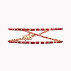 An MG Exclusive. This long wrap bracelet hosts 5.60 carats of baguette cut rubies set seamlessly in 18K yellow or rose gold. One of our most-loved designs, we redesigned the Maia wrap to include these vibrant gemstones. Each deep red ruby is offset by the unique gold setting, creating an unbroken line of simple eleganc Luxury Red Baguette Diamond Jewelry, Luxury Ruby Baguette Cut Jewelry, Luxury Red Ruby Bracelets, Red Baguette-cut Lab-created Ruby Jewelry, Red Baguette Cut Lab-created Ruby Jewelry, Red Baguette Cut Jewelry With Baguette Diamonds, Red Baguette Cut Diamond Jewelry, Sapphire Choker, Personal Jewelry