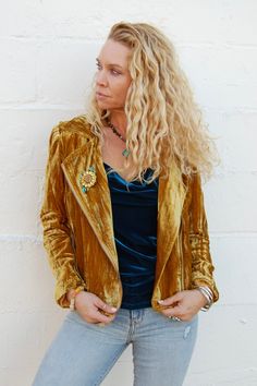 Crushed Panne Jacket in Gold - SpiritedBoutiques Boho Hippie Boutique Style Jacket, BIZ Popped Collar, Bohemian Style Clothing, Drip Dry, Total Body, Winter Season, Shoulder Pads, Bohemian Style, Highlights, Velvet