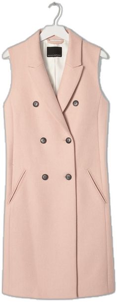 Pink Lapel Collar Outerwear With Hidden Buttons, Pink Double-breasted Outerwear With Hidden Buttons, Pink Notch Lapel Outerwear With Buttons, Casual Pink Outerwear For Business, Chic Fitted Pea Coat With Lapel Collar, Pink Outerwear With Double Button For Business, Pink Outerwear With Double Button Closure For Business, Fitted Solid Color Button-up Pea Coat, Chic Semi-formal Button-up Outerwear