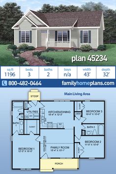 the floor plan for a small house with three bedroom, two bathroom and one living area