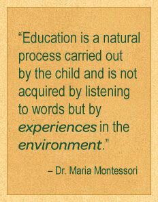 the quote education is a natural process carried out by the child and is not required by listening to words but by experiences in the environment