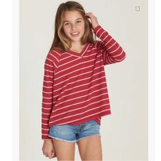 Brand New With Tag 55% Cotton 45% Polyester Machine Wash V Neck Cute Red V-neck Top, Playful Striped Long Sleeve Top, Striped Long Sleeve Playful Top, Cute Red Long Sleeve Tops, Billabong Shirts, Billabong, Kids Shirts, Red White, Shirts Tops