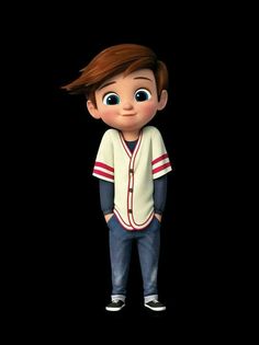 an animated boy with brown hair and blue eyes wearing a baseball uniform, standing in front of a black background