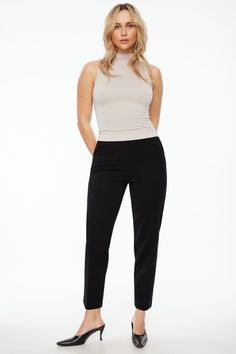 These are a slim fit pant - Designed to be tailored with a stretch. Features - Side zip - Side pockets, faux back pockets Size & Fit - Slim fit - High waist: 11.25" - Inseam: 27.5" Materials & Care - 65% Rayon, 30% Nylon, 5% Spandex - Machine wash, cold - Imported Check And Balance, New Pant, Pants Design, Slim Fit Pants, Slim Pants, Knit Pants, Ankle Pants, Pocket Size, Pants Black