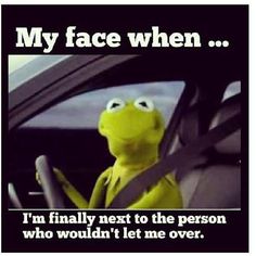 the kermie frog is sitting in his car and says, that face you get when someone won't let you over on liberty bridge