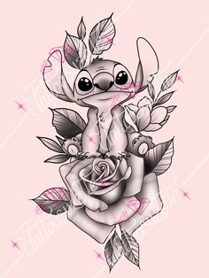 a drawing of a baby dragon sitting on top of a pink background with roses and leaves