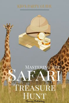 two giraffes standing next to each other in tall grass with the words mastering the safari treasure hunt