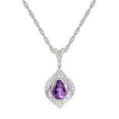 Add timeless elegance to your jewelry collection with this Sterling Silver Amethyst Pendant. Add timeless elegance to your jewelry collection with this Sterling Silver Amethyst Pendant. FEATURES Pendant dimensions: 0.56''x0.39'' Chain length: 18 in. Chain type: rope Clasp: spring-ring Nickel free Metal: sterling silver Plating: rhodium Finish: polished Packaging: boxedSTONE DETAILS Stone type: amethyst, lab-created white sapphire Total weight: 1 ct. Center stone weight: 5/8 ct. Center stone size Elegant Purple Necklace With Diamond Accents, Elegant Purple Necklaces With Diamond Accents, Teardrop Amethyst Necklace For Formal Occasions, Elegant Amethyst Birthstone Necklace, Purple Teardrop Necklace For Formal Occasions, Purple Teardrop Necklace For Formal Events, Formal Teardrop Amethyst Necklace, Purple Teardrop Pendant Necklace For Formal Occasions, Elegant Purple Jewelry With Diamond Accents