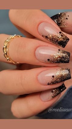 new years eve nails, new years eve nails ideas, nye nails, gold new years eve nails, glitter new years eve nails, new years eve nails classy Black Nails With Glitter, Ombre Nails Glitter, Ombre Nail Designs, Sparkly Nails, New Year's Nails