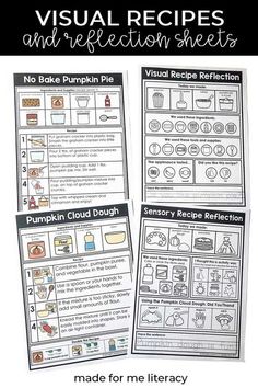 two worksheets for pumpkin pies with text that reads visual recipes and reflection sheets