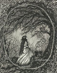 a drawing of a woman walking through a forest