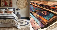 two pictures one with a bed, the other with rugs and pillows on it