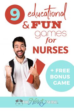 a man holding up two books with the title 9 educational and fun games for nurses