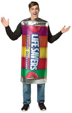 a man wearing a life savers candy can costume