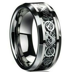 Silver & Black Titanium Celtic Knotwork Band Is 8mm Wide. The Beautiful And Intricate Knotwork Is Laser Cut And Then Filled With A Clear Acrylic To Protect The Design From Damage Of Everyday Wear. This Is A Great Ring With Lots Of Detail. This Is A Great Every Day Ring, As Well As A Striking Wedding Band. Wedding Bands Unique, Mens Rings For Sale, Stainless Steel Wedding Bands, Mens Wedding Bands Unique, Celtic Dragon, Celtic Wedding Rings, Mens Rings, Rings Mens Wedding Bands, Viking Ring