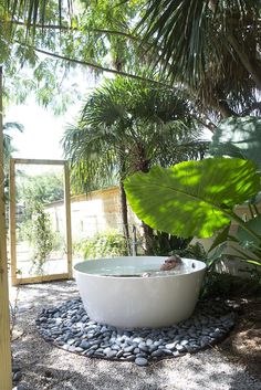 an outdoor bathtub surrounded by plants and rocks